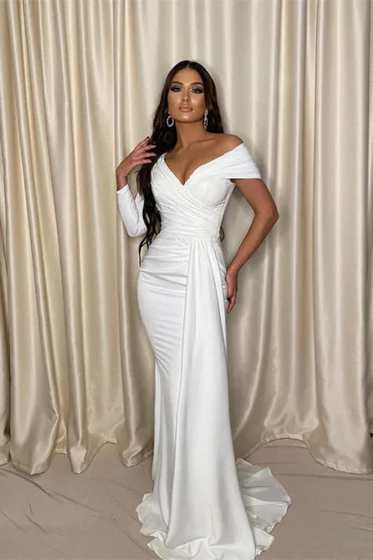 Elegant Mermaid Off-Shoulder Long Sleeve Ruched White Long Prom Dress