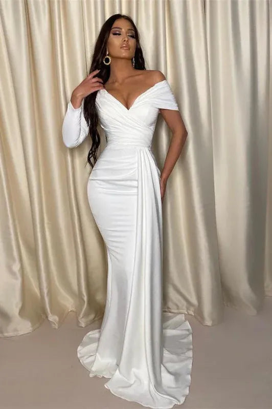 Elegant Mermaid Off-Shoulder Long Sleeve Ruched White Long Prom Dress