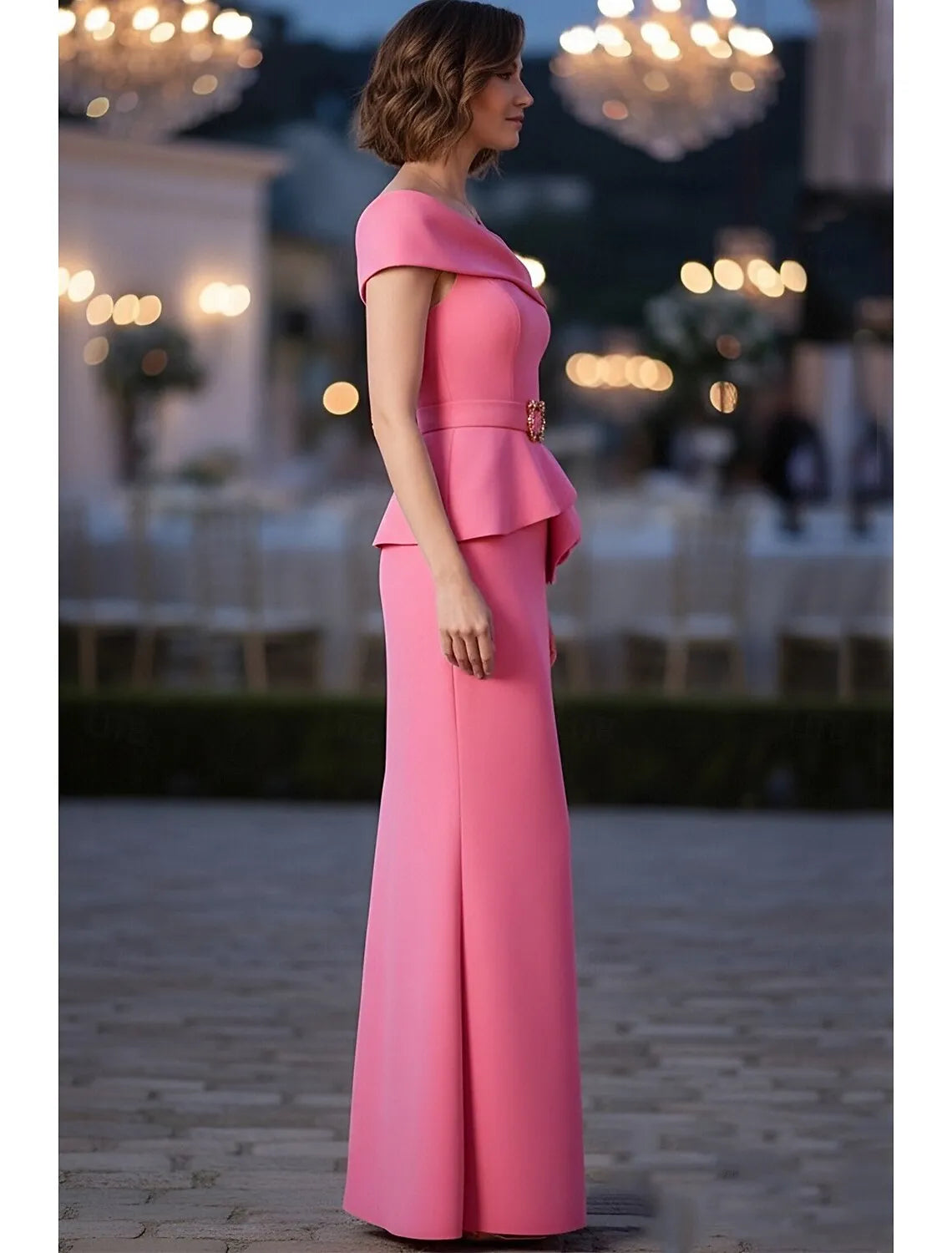Elegant Mermaid Off-Shoulder Peplum Blush Pink Maxi Prom Dress With Strappy