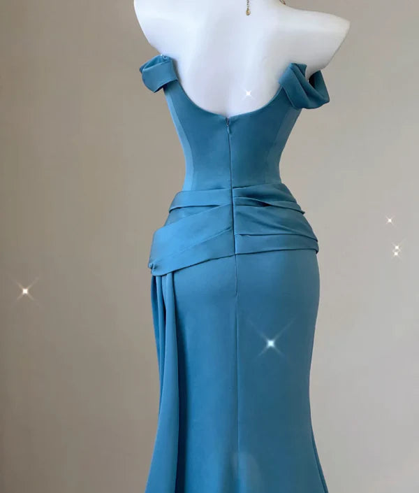Elegant Mermaid Off-Shoulder Short Sleeves Pleated Slit Satin Blue Long Prom Dresses