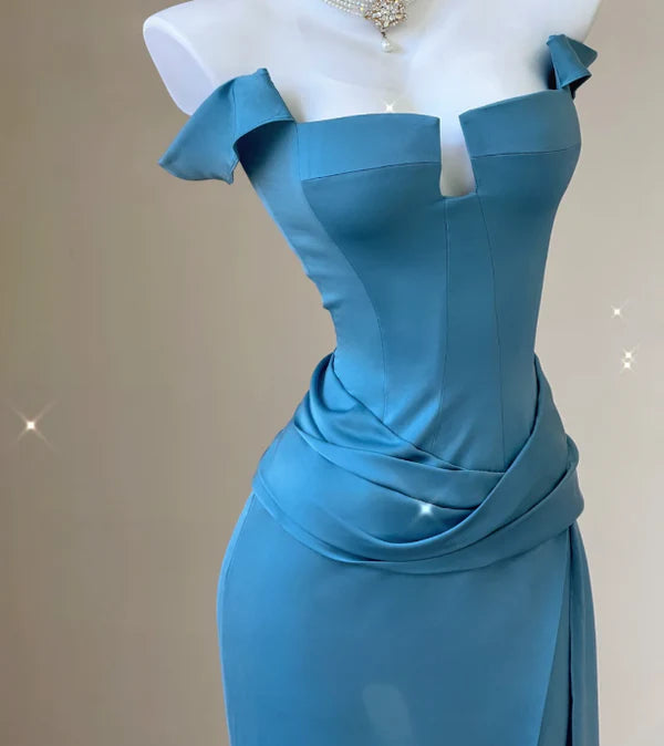 Elegant Mermaid Off-Shoulder Short Sleeves Pleated Slit Satin Blue Long Prom Dresses