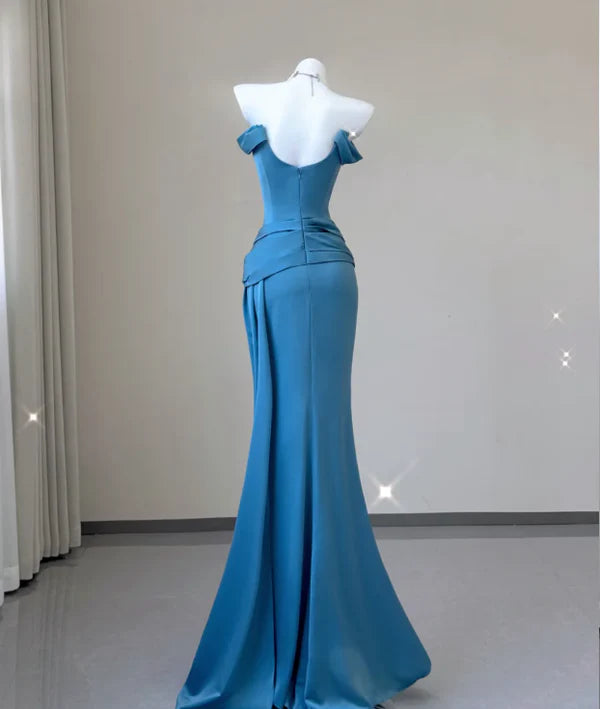 Elegant Mermaid Off-Shoulder Short Sleeves Pleated Slit Satin Blue Long Prom Dresses