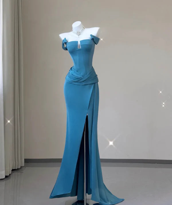 Elegant Mermaid Off-Shoulder Short Sleeves Pleated Slit Satin Blue Long Prom Dresses