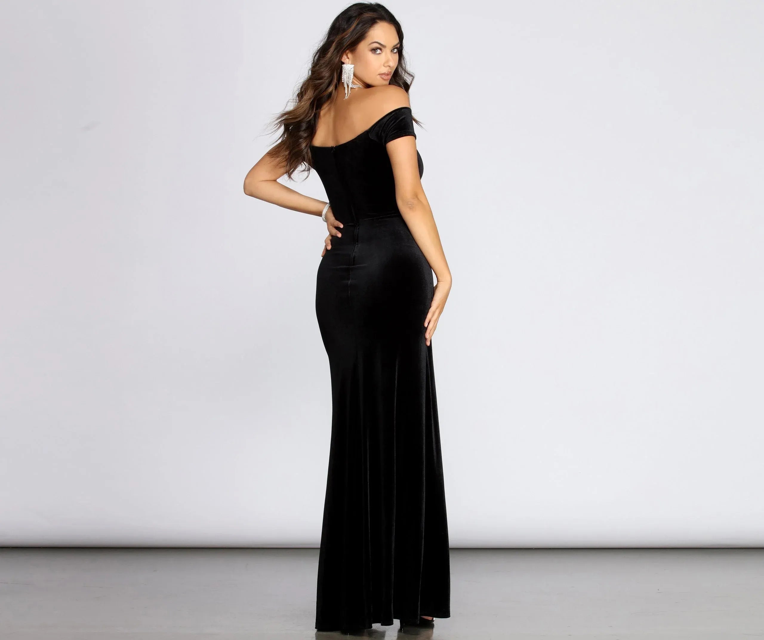 Elegant Mermaid Off-Shoulder Slit Velvet Black Long Prom Dress Ready To Ship