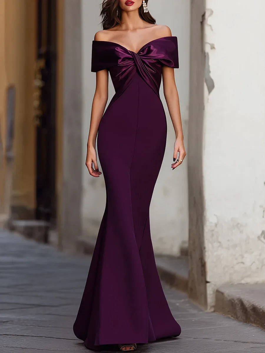 Elegant Mermaid Off Shoulder Bow Ruched Satin Purple Long Prom Dress
