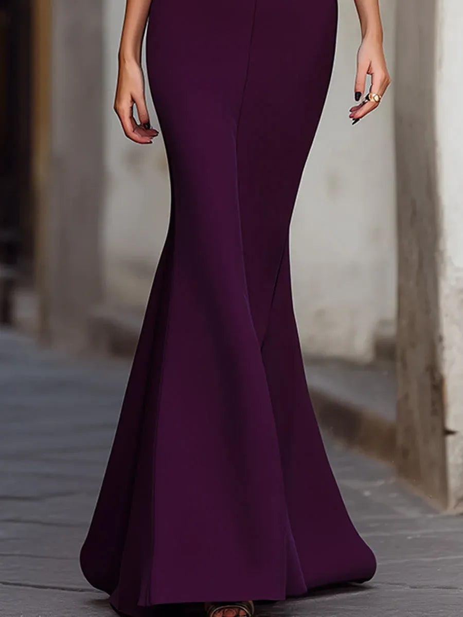 Elegant Mermaid Off Shoulder Bow Ruched Satin Purple Long Prom Dress