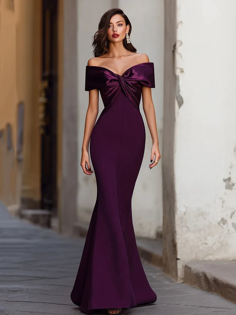 Elegant Mermaid Off Shoulder Bow Ruched Satin Purple Long Prom Dress