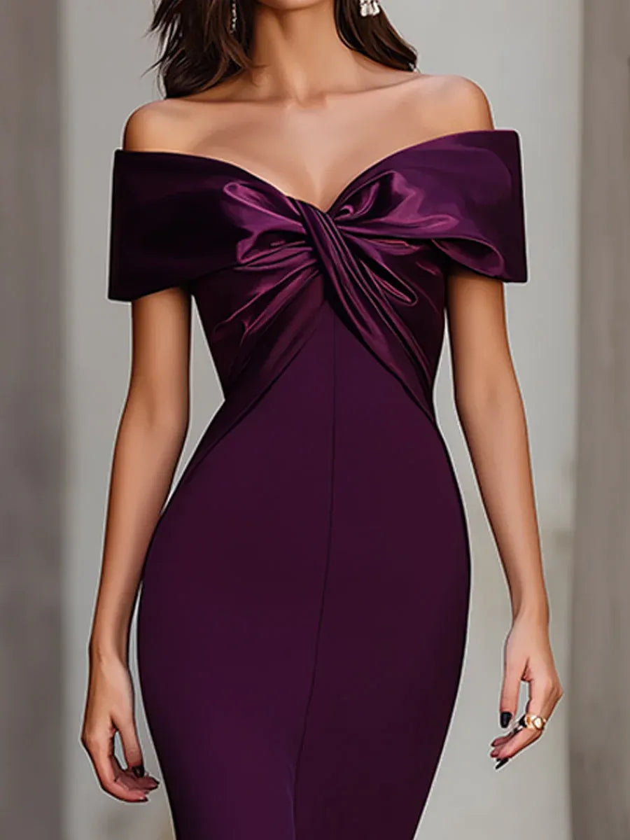 Elegant Mermaid Off Shoulder Bow Ruched Satin Purple Long Prom Dress