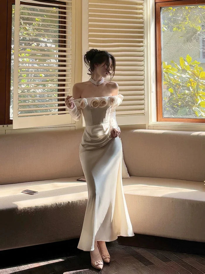 Elegant Mermaid Off The Shoulder Flowers Satin Long Evening Dress Prom Dress