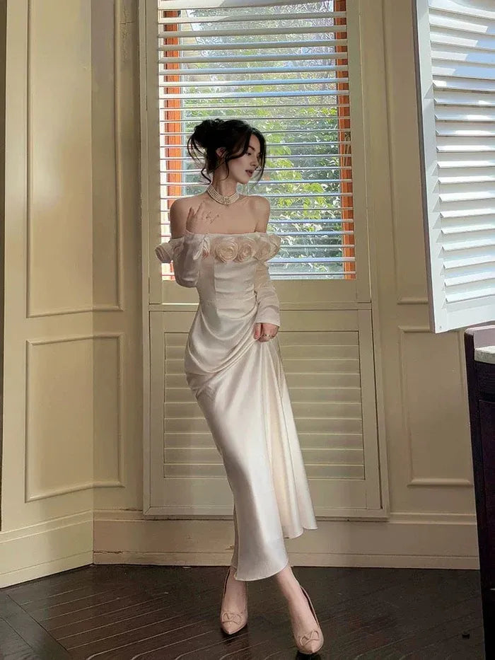 Elegant Mermaid Off The Shoulder Flowers Satin Long Evening Dress Prom Dress