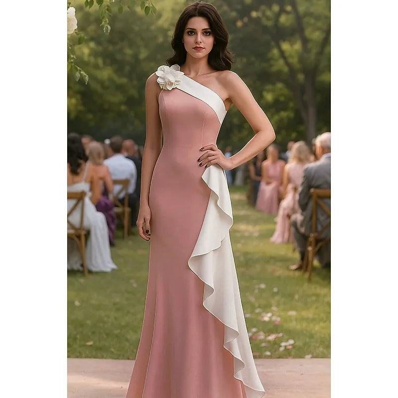 Elegant Mermaid One Shoulder Floral Ruffled Dusty Rose Floor Length Prom Dress