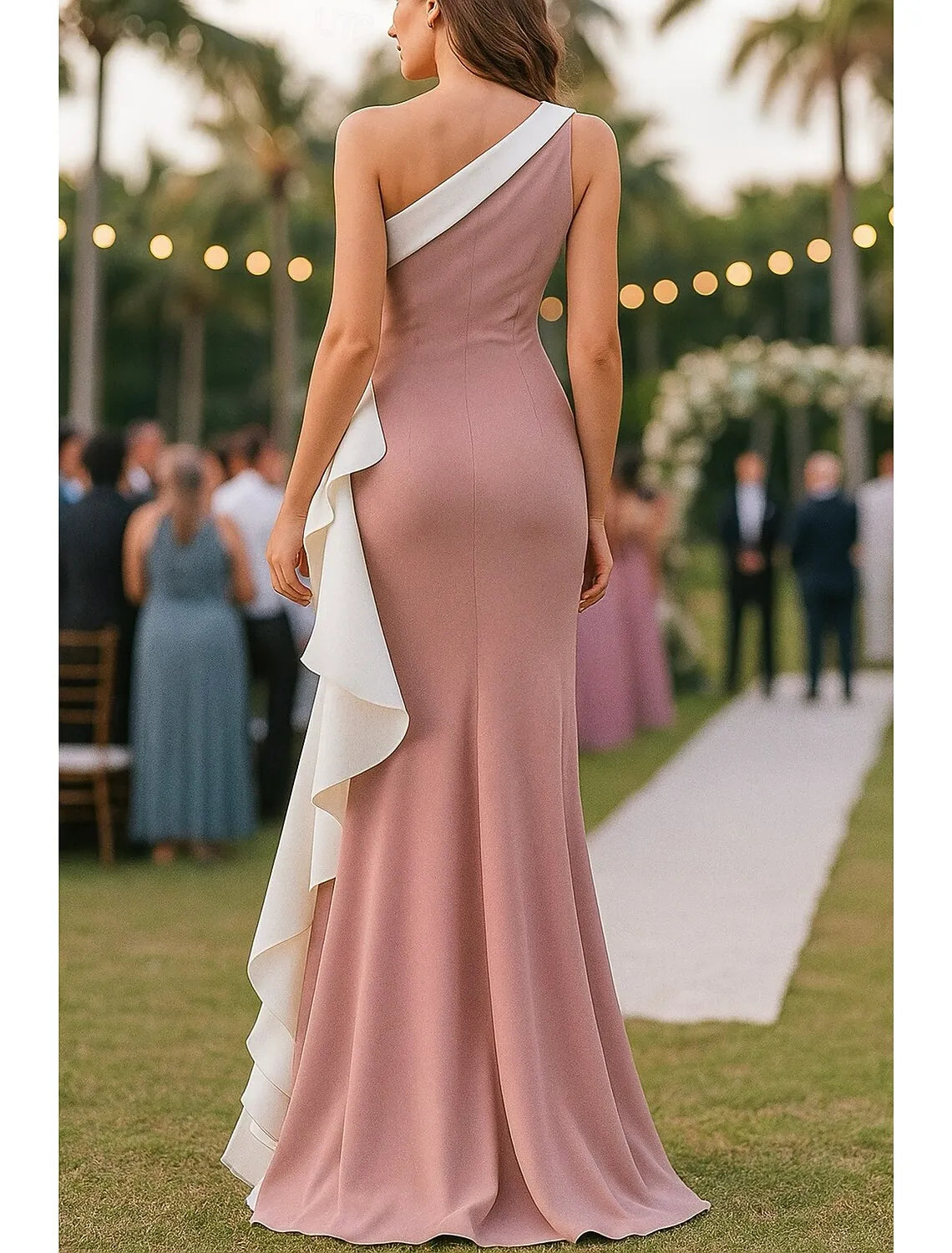 Elegant Mermaid One Shoulder Floral Ruffled Dusty Rose Floor Length Prom Dress