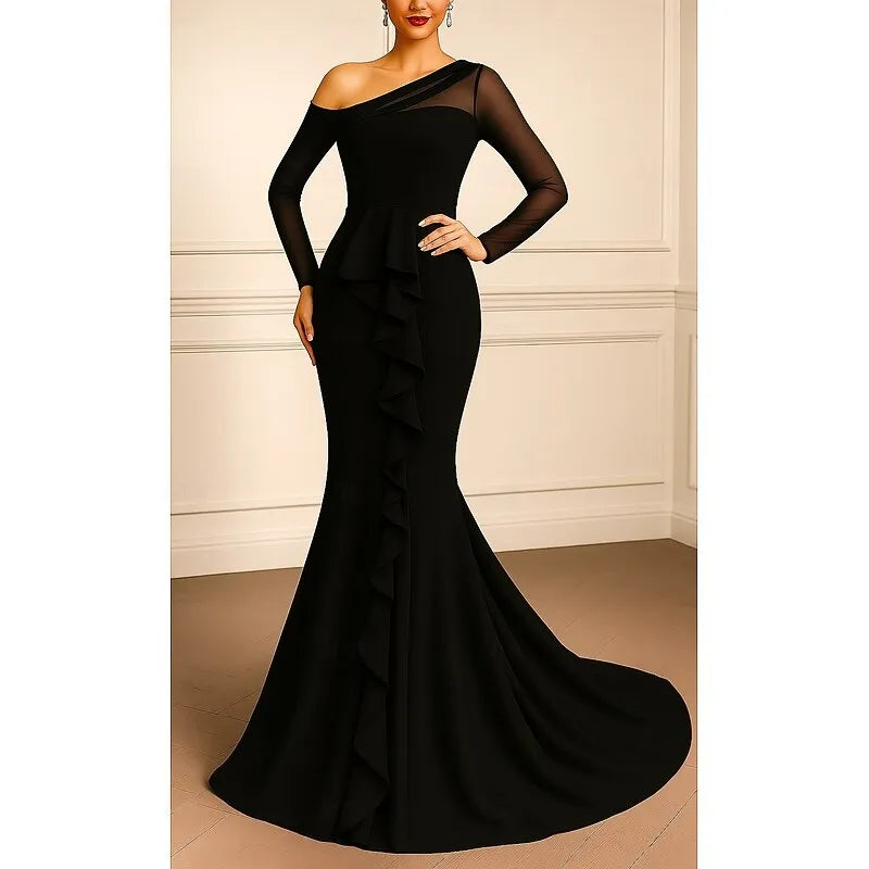 Elegant Mermaid One Shoulder Long Sleeve Mesh Ruffle Red Evening Dress For Sale