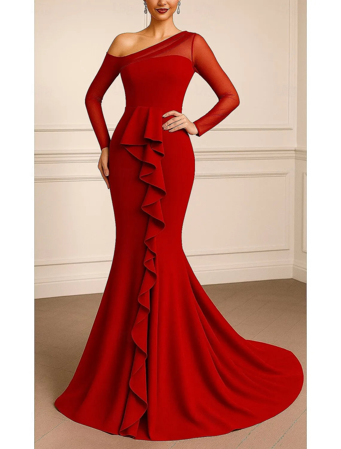 Elegant Mermaid One Shoulder Long Sleeve Mesh Ruffle Red Evening Dress For Sale