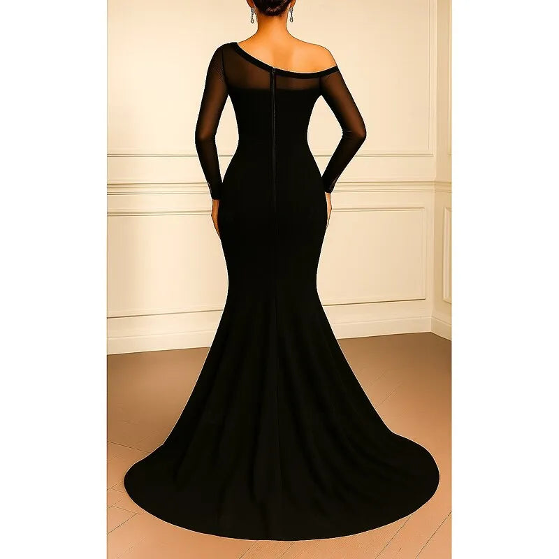 Elegant Mermaid One Shoulder Long Sleeve Mesh Ruffle Red Evening Dress For Sale