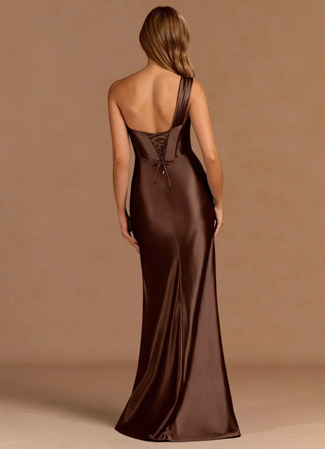 Elegant Mermaid One Shoulder Pleated Mocha Maxi Evening Dress With Slit