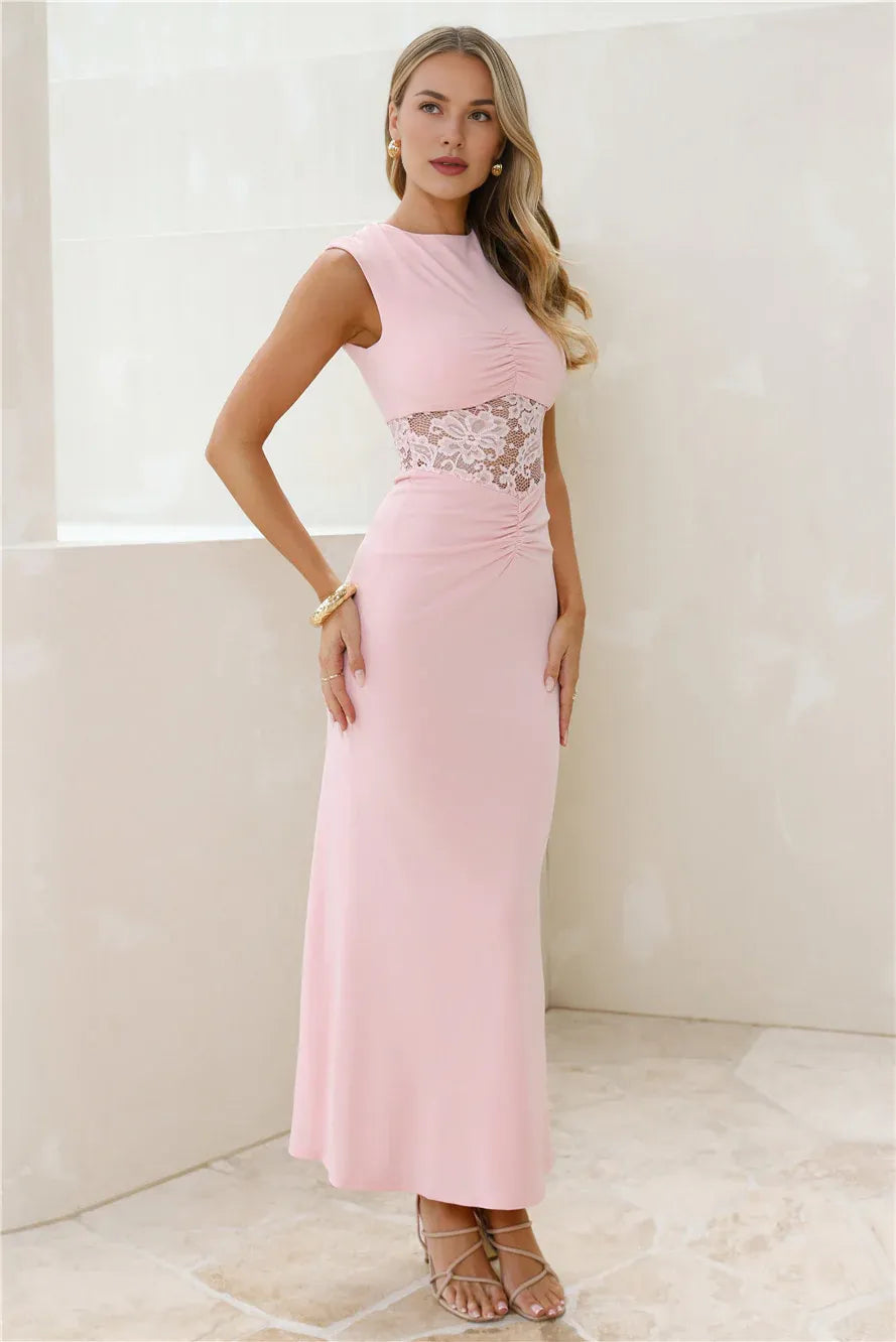Elegant Mermaid Round Neck Sleeveless Lace Pink Maxi Prom Dress With Tie Back
