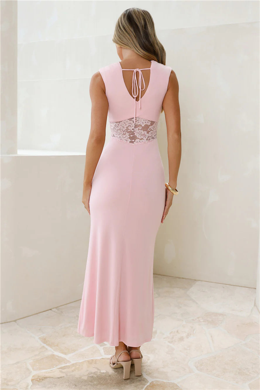 Elegant Mermaid Round Neck Sleeveless Lace Pink Maxi Prom Dress With Tie Back