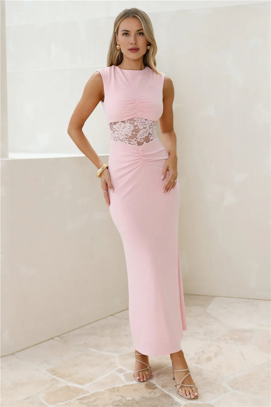 Elegant Mermaid Round Neck Sleeveless Lace Pink Maxi Prom Dress With Tie Back