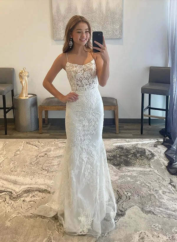 Elegant Mermaid Spaghetti Strap Lace-Up Back Floral Lace White Train Prom Dress
