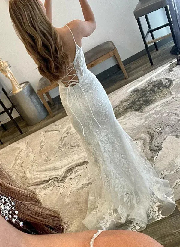 Elegant Mermaid Spaghetti Strap Lace-Up Back Floral Lace White Train Prom Dress