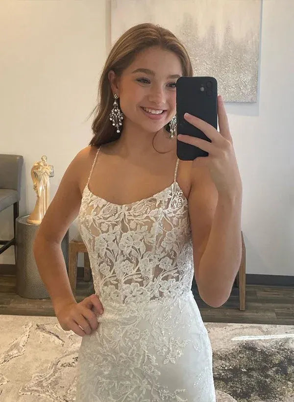 Elegant Mermaid Spaghetti Strap Lace-Up Back Floral Lace White Train Prom Dress