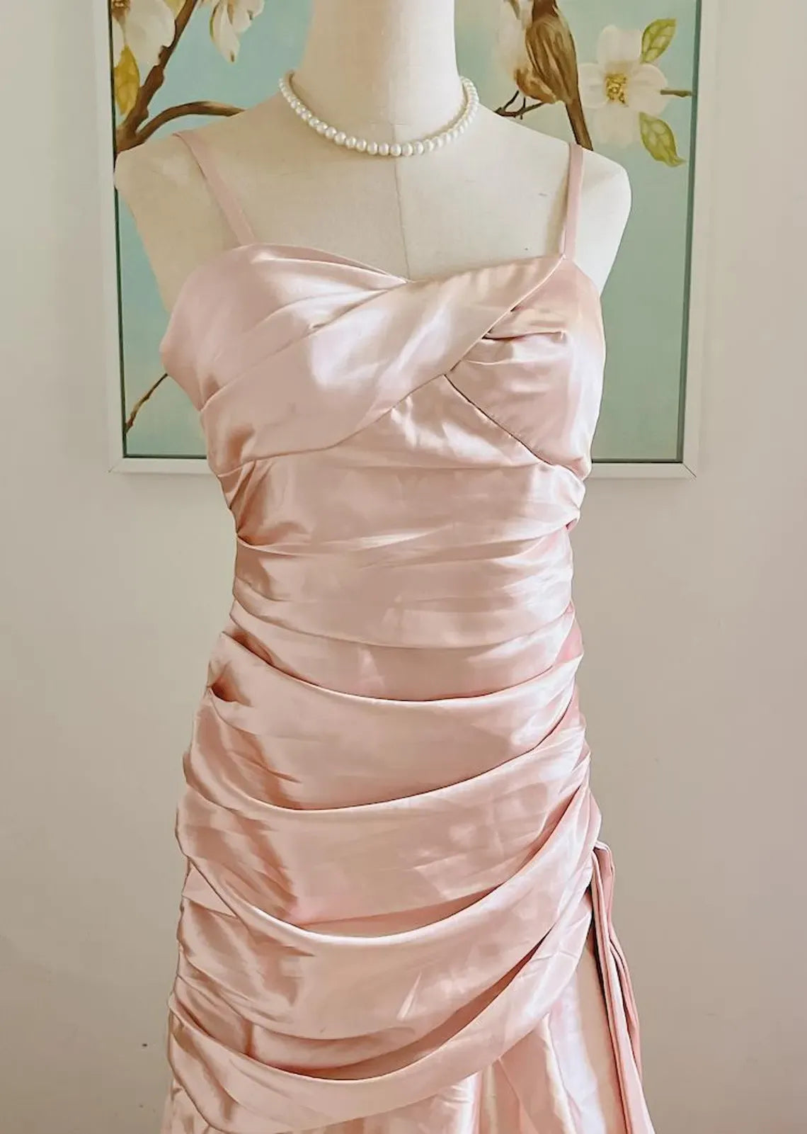 Elegant Mermaid Spaghetti Strap Ruched Ruffle Blush Floor-Length Prom Dress