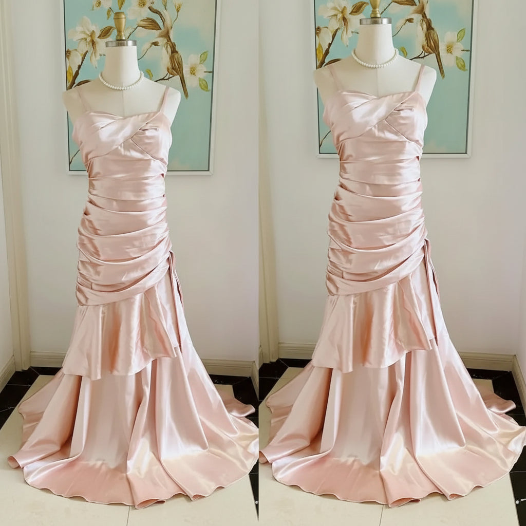 Elegant Mermaid Spaghetti Strap Ruched Ruffle Blush Floor-Length Prom Dress