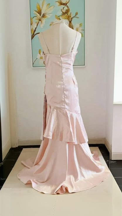 Elegant Mermaid Spaghetti Strap Ruched Ruffle Blush Floor-Length Prom Dress
