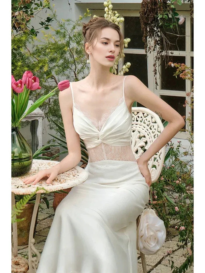 Elegant Mermaid Spaghetti Straps Lace Satin White Long Prom Dress