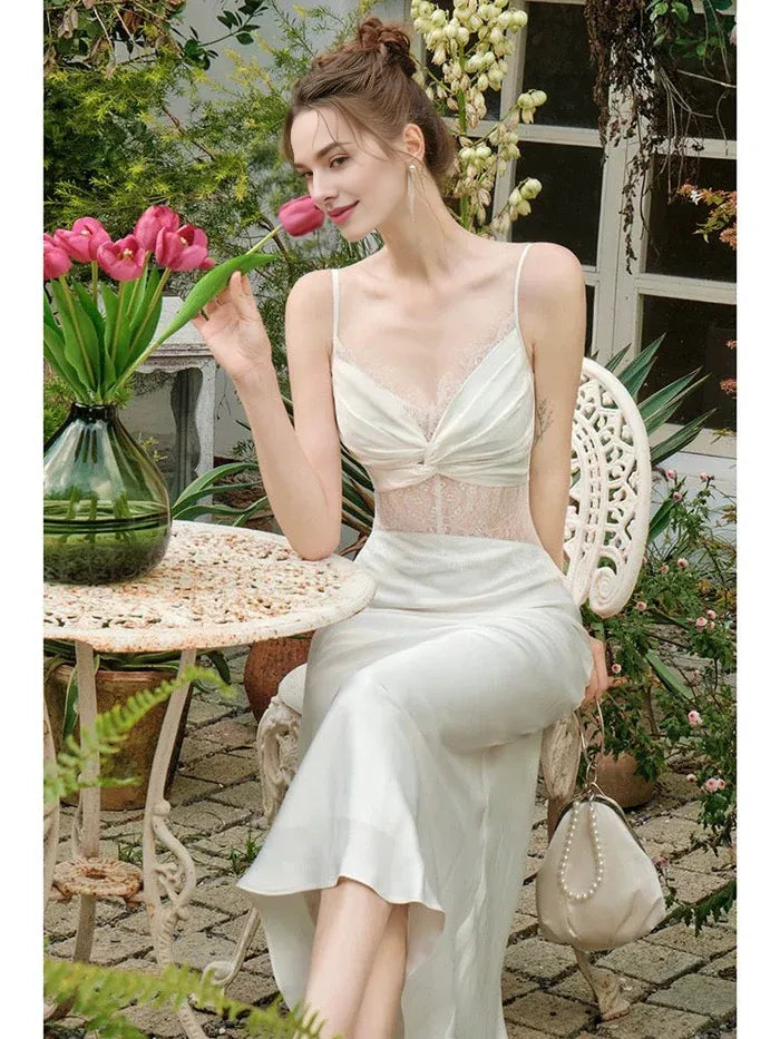 Elegant Mermaid Spaghetti Straps Lace Satin White Long Prom Dress