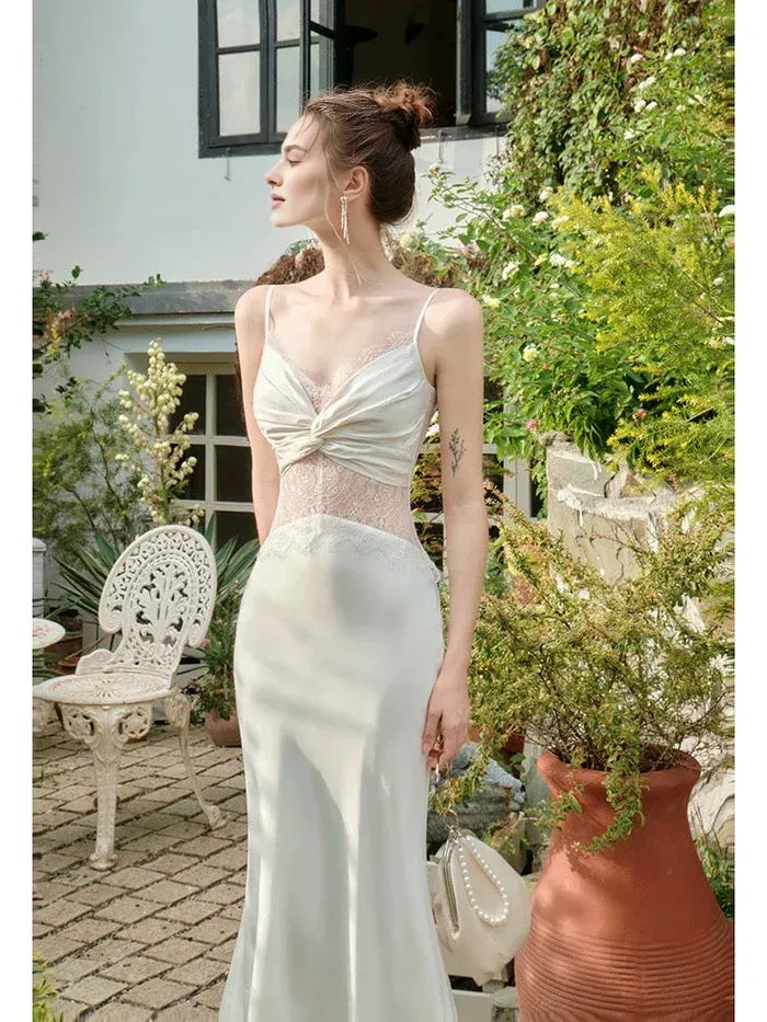Elegant Mermaid Spaghetti Straps Lace Satin White Long Prom Dress