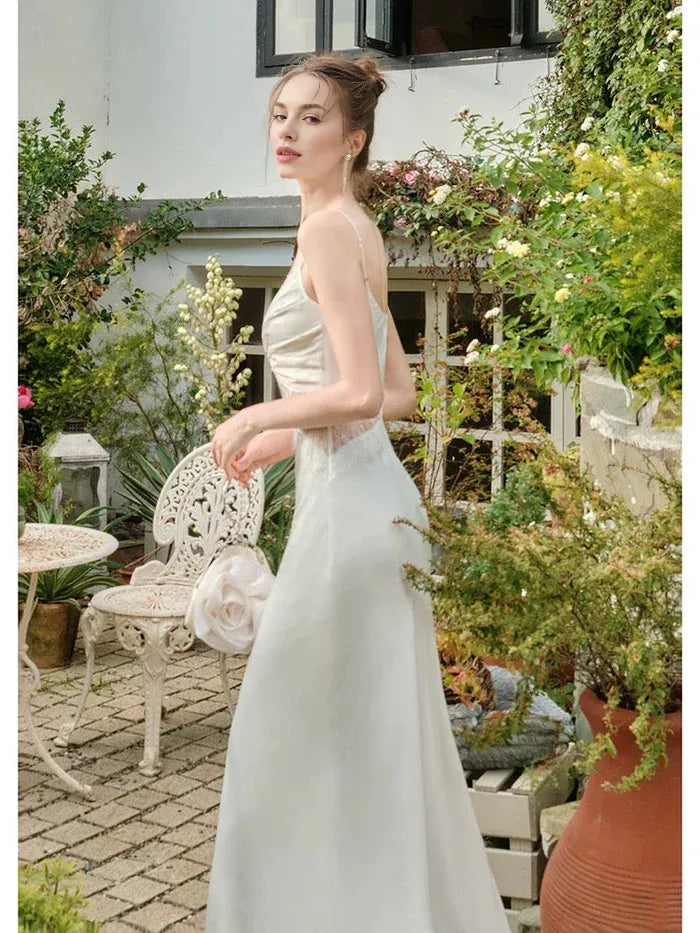 Elegant Mermaid Spaghetti Straps Lace Satin White Long Prom Dress