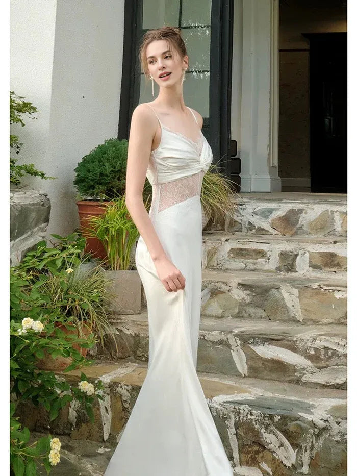 Elegant Mermaid Spaghetti Straps Lace Satin White Long Prom Dress