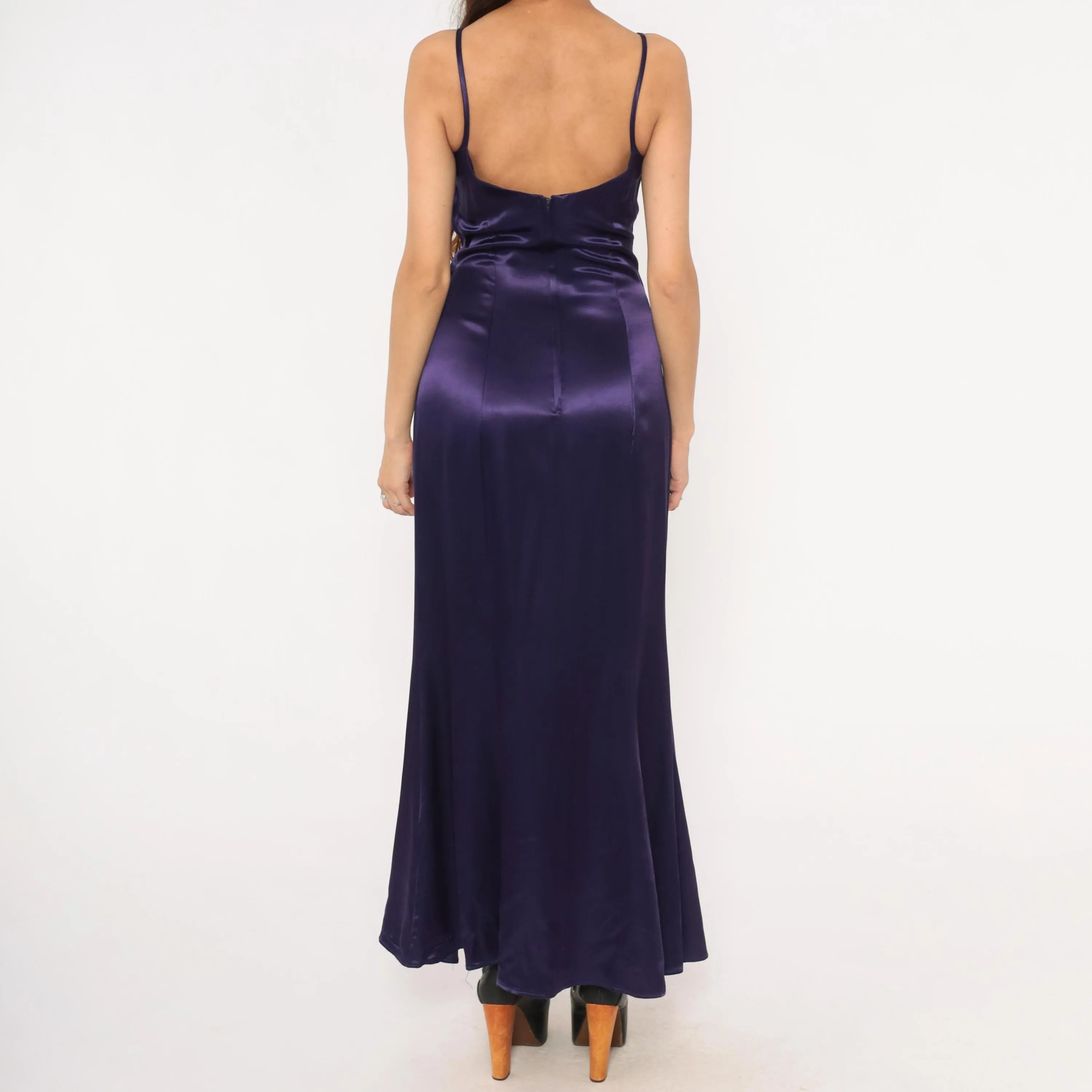 Elegant Mermaid Spaghetti Straps Rhinestone Satin Purple Long Prom Dress