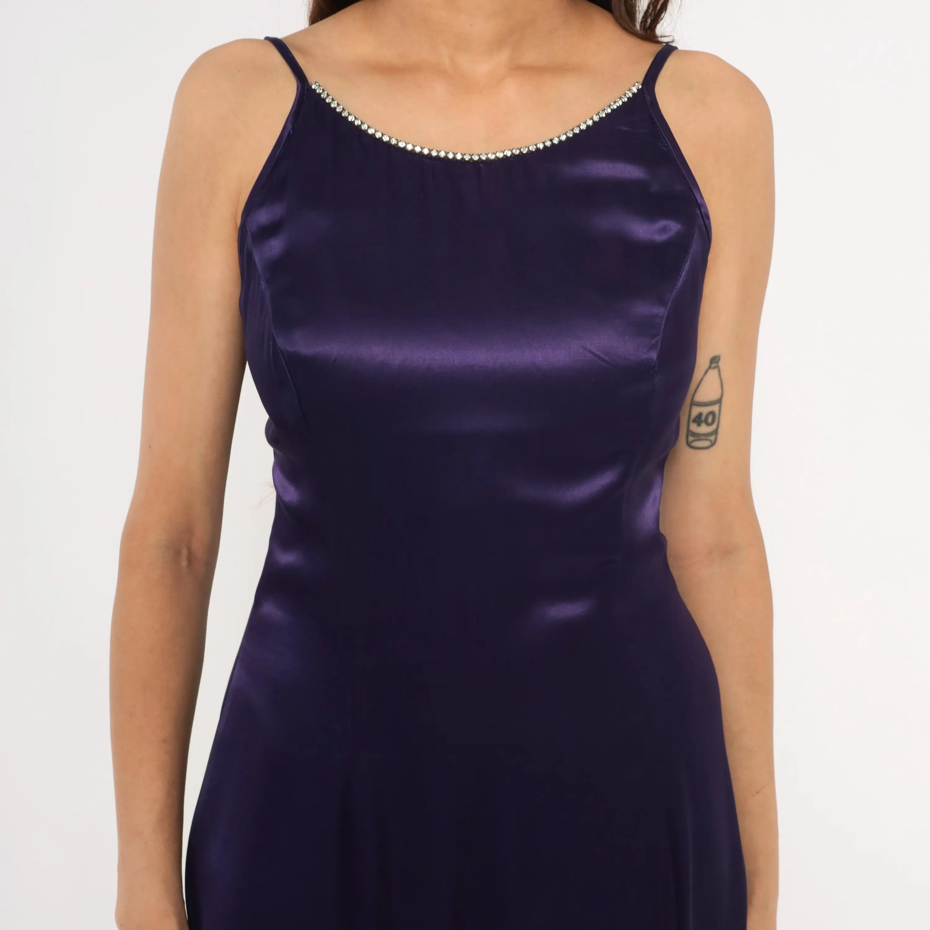 Elegant Mermaid Spaghetti Straps Rhinestone Satin Purple Long Prom Dress