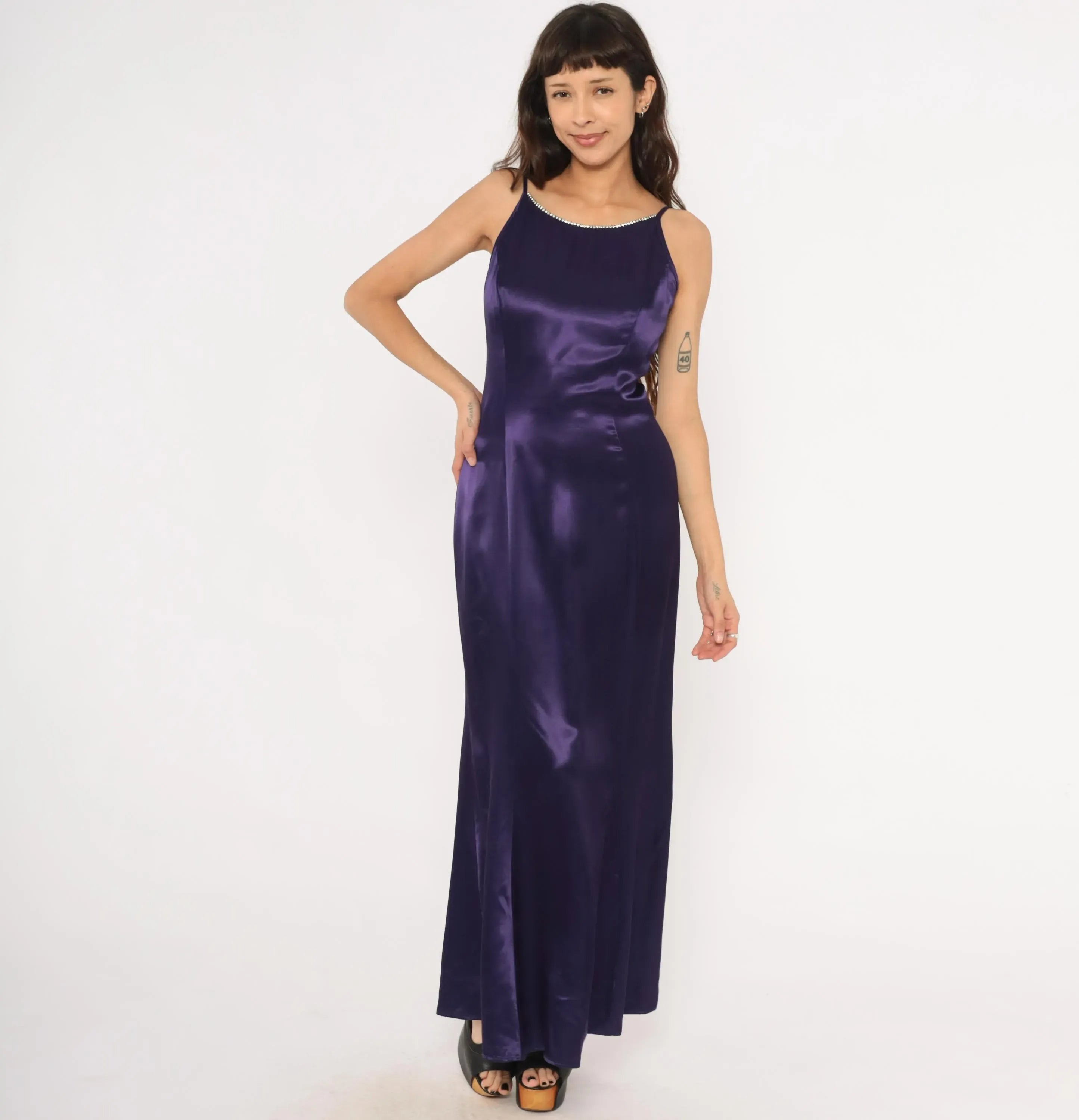 Elegant Mermaid Spaghetti Straps Rhinestone Satin Purple Long Prom Dress