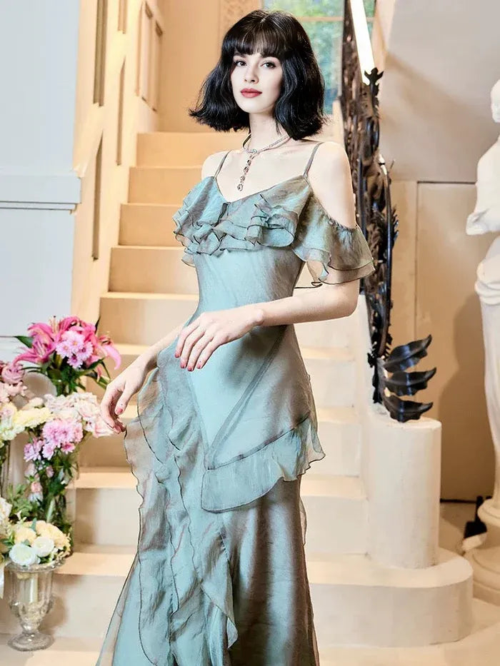 Elegant Mermaid Spaghetti Straps Ruffles Dolphin Grey Long Evening Dress Prom Dress