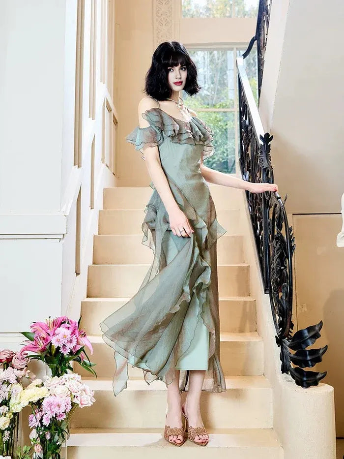 Elegant Mermaid Spaghetti Straps Ruffles Dolphin Grey Long Evening Dress Prom Dress