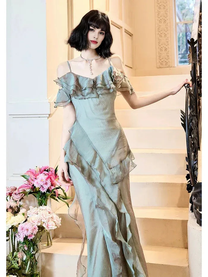 Elegant Mermaid Spaghetti Straps Ruffles Dolphin Grey Long Evening Dress Prom Dress