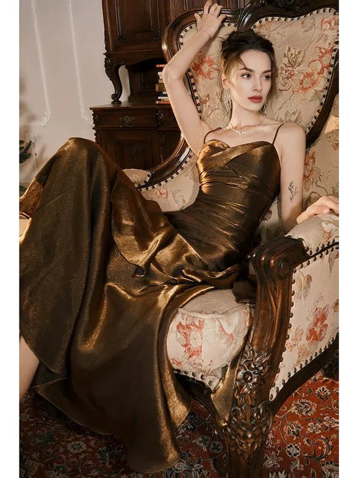 Elegant Mermaid Spaghetti Straps Pleated Tiered Long Evening Dress Prom Dress