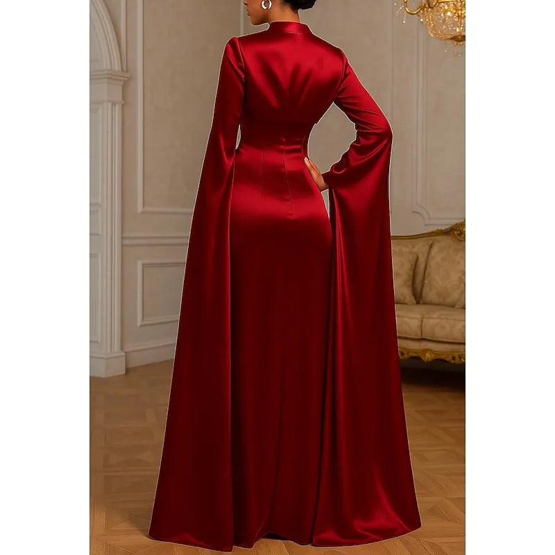 Elegant Mermaid Square Neck Cape Sleeve Satin Red Floor Length Evening Dress For Sale