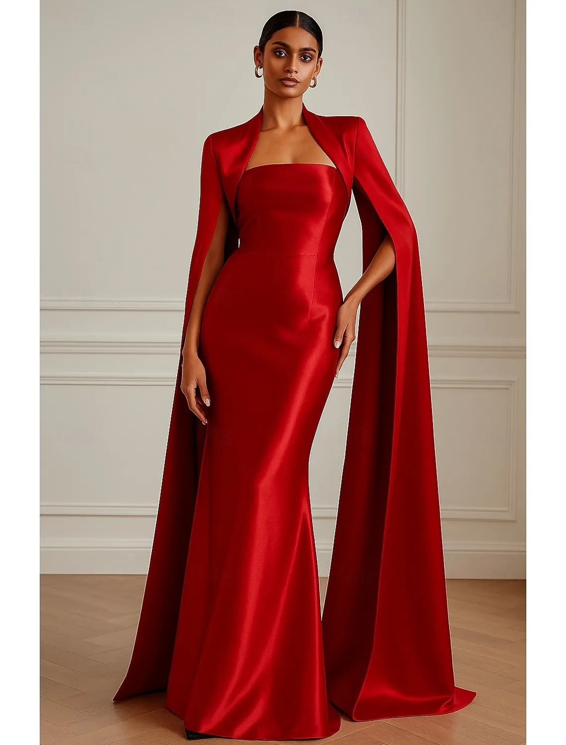 Elegant Mermaid Square Neck Cape Sleeve Satin Red Floor Length Evening Dress For Sale