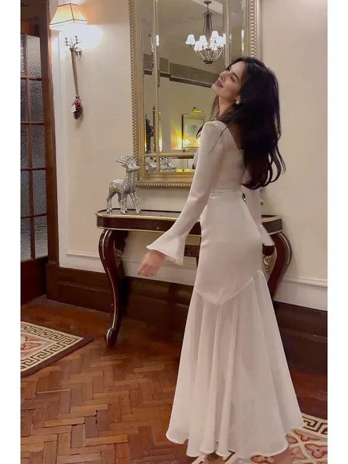 Elegant Mermaid Square Neck Flared Sleeves Satin Ankle Length Prom Dress