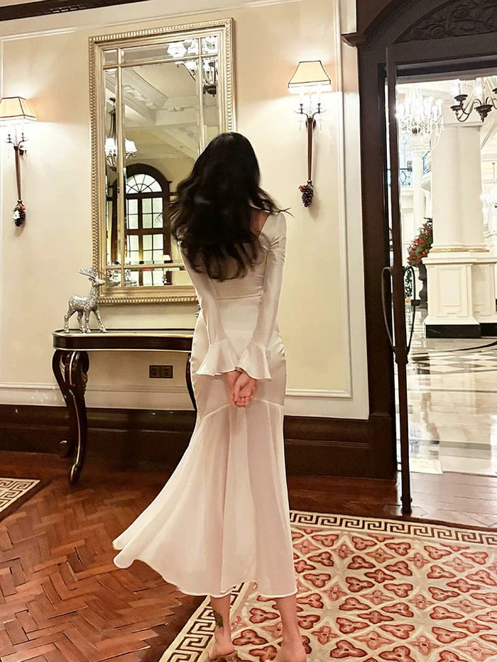 Elegant Mermaid Square Neck Flared Sleeves Satin Ankle Length Prom Dress