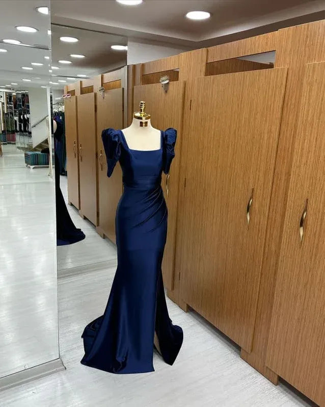Elegant Mermaid Square Neck Puffed Sleeve Navy Blue Floor Length Prom Dresses