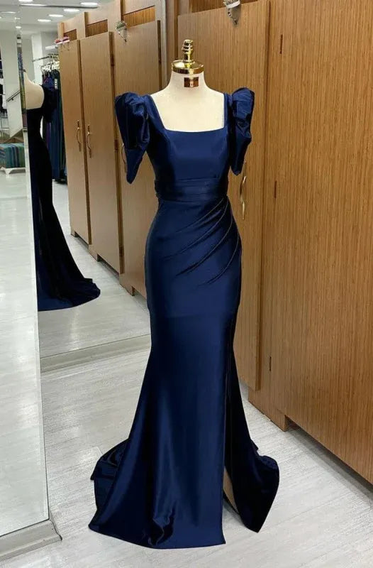 Elegant Mermaid Square Neck Puffed Sleeve Navy Blue Floor Length Prom Dresses