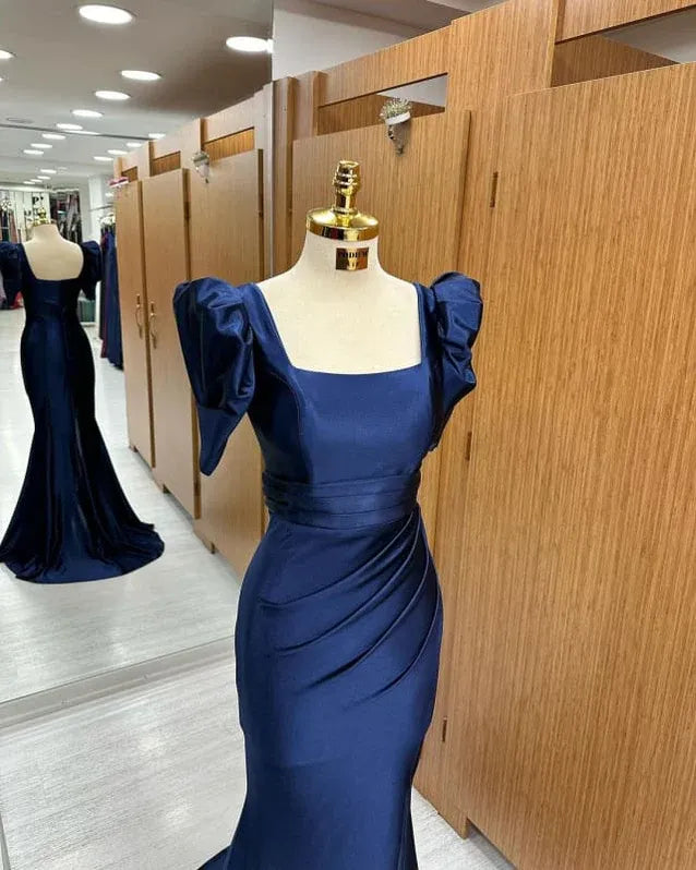 Elegant Mermaid Square Neck Puffed Sleeve Navy Blue Floor Length Prom Dresses