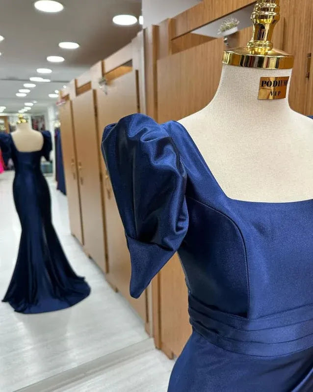 Elegant Mermaid Square Neck Puffed Sleeve Navy Blue Floor Length Prom Dresses