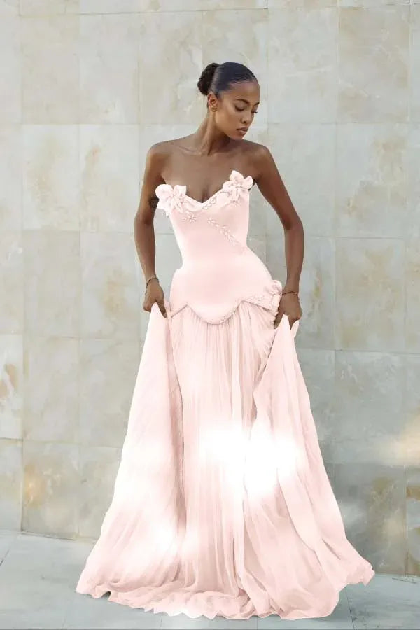Elegant Mermaid Strapless Beaded Applique Pleated Light Blue Prom Dress